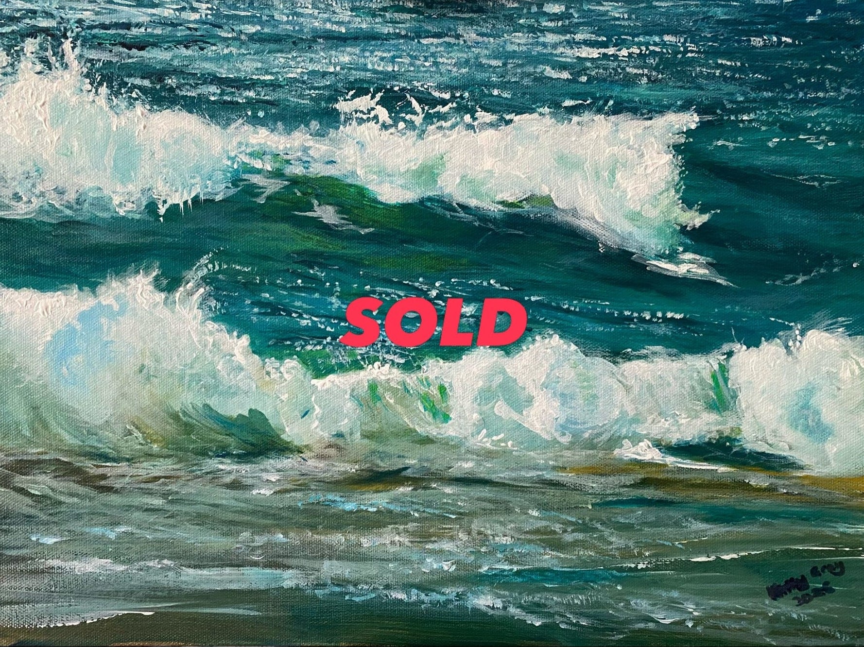 An acrylic painting of ocean waves with a red 'SOLD' text overlay in the center. The painting depicts deep teal and green water with white sea foam.